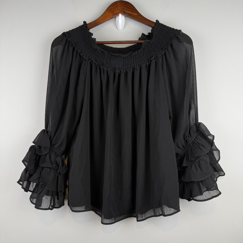 Whimsigoth Dark Romantic Witchy Bell Sleeve Blouse Size M Black Smocked Chiffon